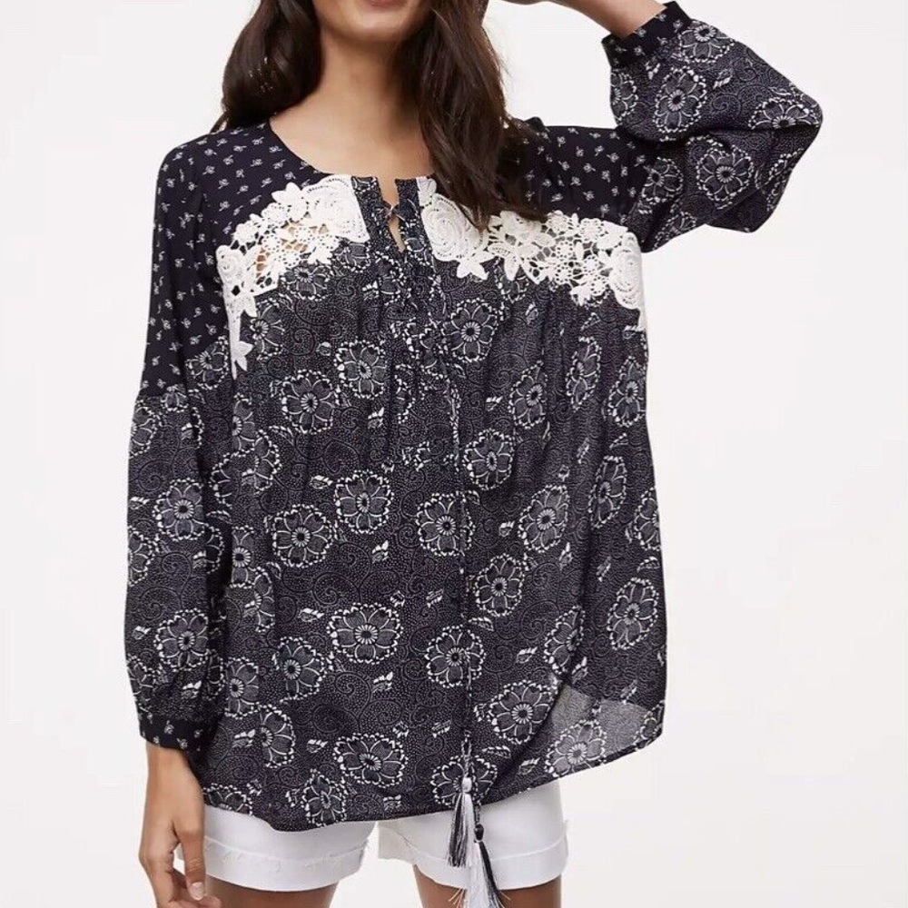 LOFT Boho crochet lace aplique split collar top tassels balloon sleeves top Sz L